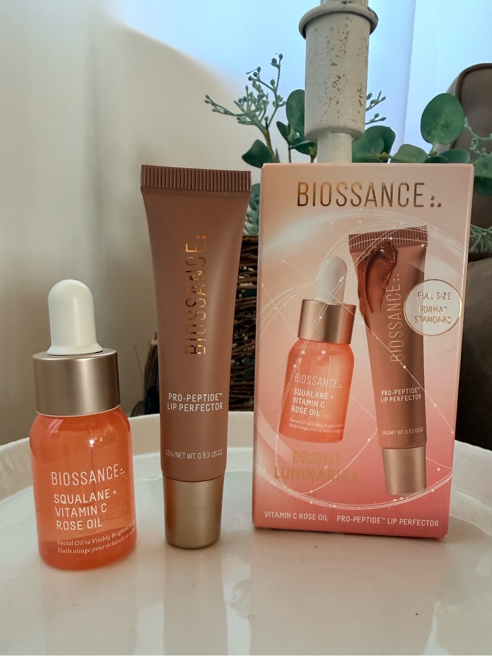 BIOSSANCE Bright Luminaries Set - Squalane & Vitamin C Rose Oil & Lip Perfector